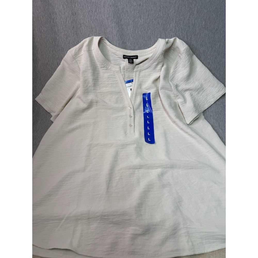 Hilary Radley Women's Large Beige Short Sleeve Henley Blouse Tunic NWT